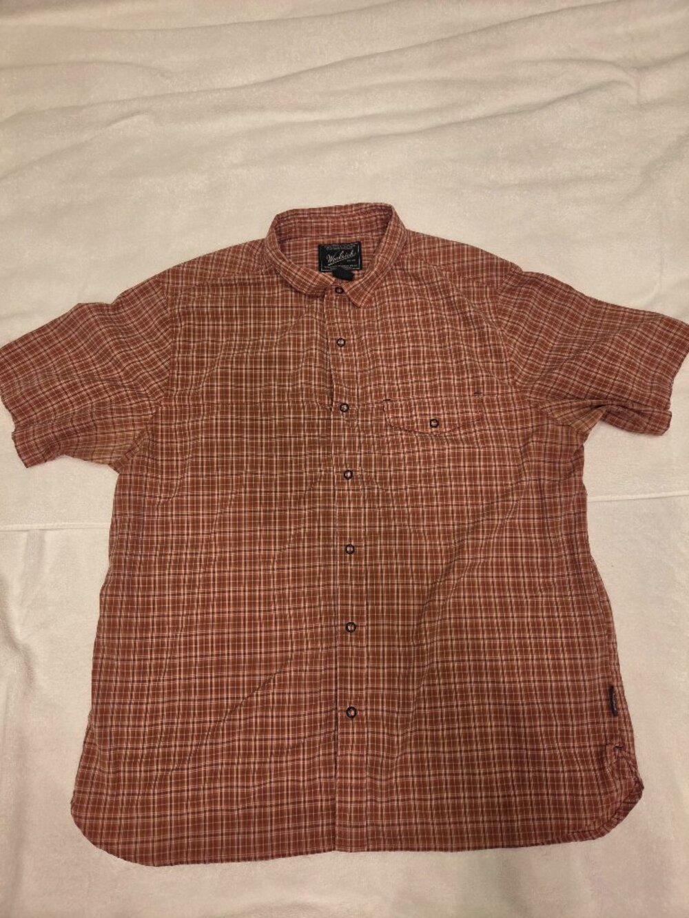 Vintage Woolrich Men's XL Short Sleeve Snap Shirt Reddish/Orange & White Plaid